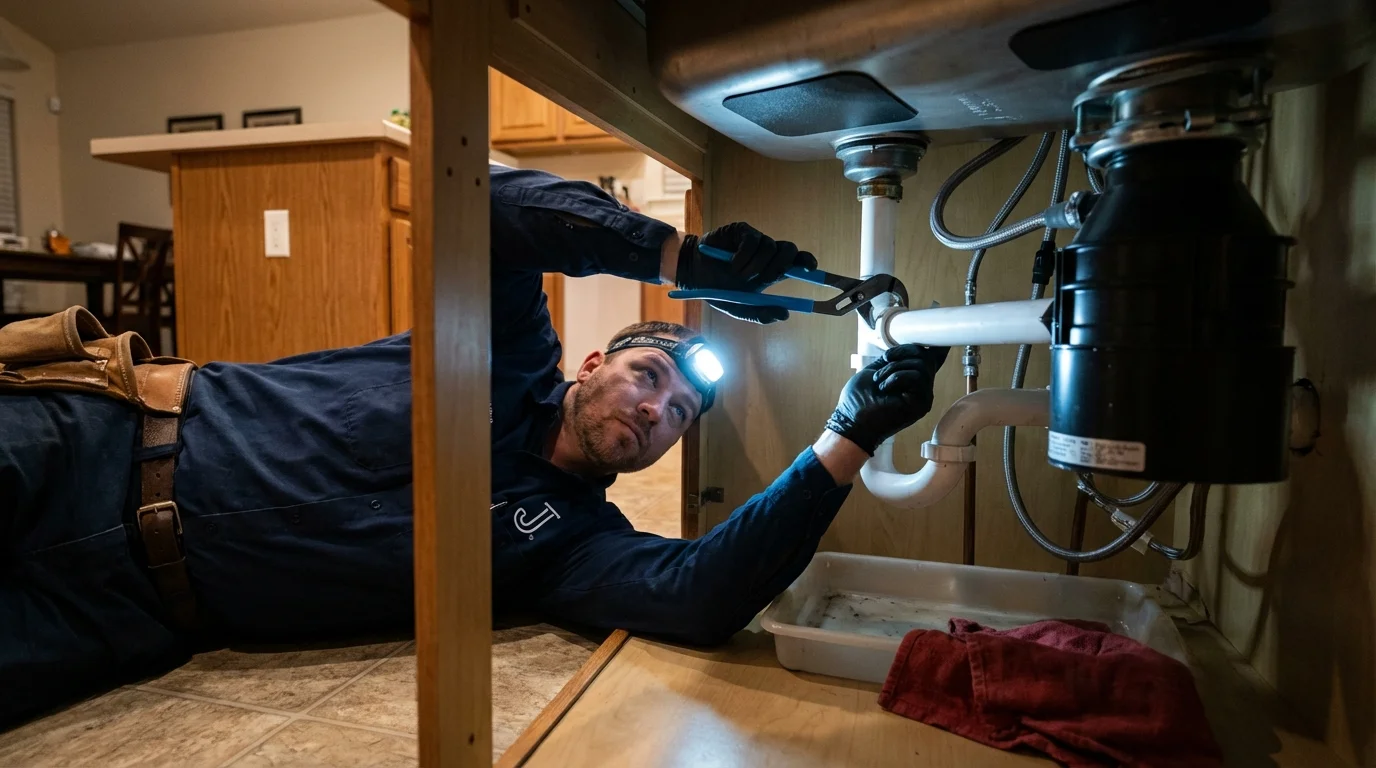 P-trap and supply line connections under a kitchen sink showing a common leak point in Grayson, GA
